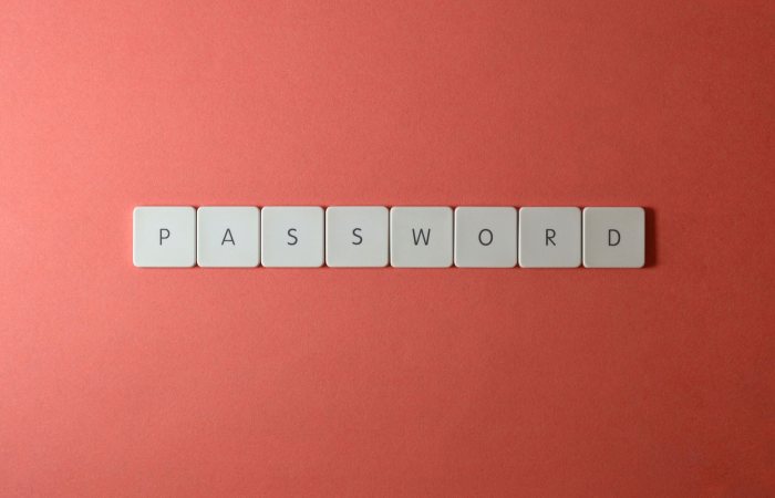 Focus on password security with white keyboard tiles spelling 'PASSWORD' on a coral background.
