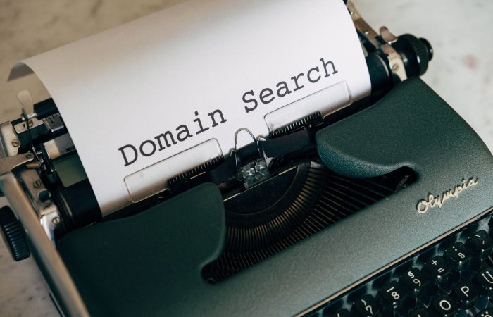 Close-up of a vintage typewriter with paper displaying 'Domain Search' text for conceptual design.